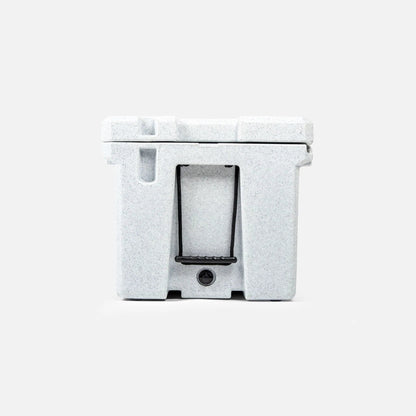 Introducing the Prospector 103 Raft Cooler by Canyon Coolers, featuring a tough design with a white speckled finish. It includes a secure lid clasp for enhanced safety and is bear-resistant, perfect for any adventure.