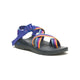 The Chaco ZCLOUD 2 – WOMEN'S sandal features a black sole with adjustable blue and rainbow-striped straps, offering comfort for hiking, outdoor adventures, or casual wear.