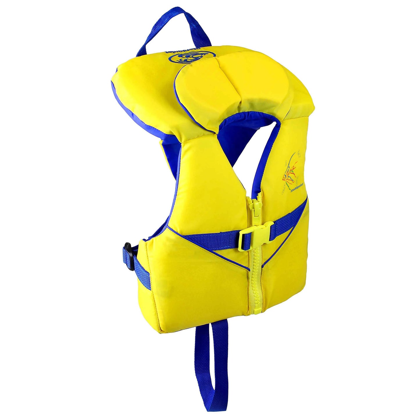 The Stohlquist Infant & Child PFDs is a yellow and blue US Coast Guard Approved life jacket with zipper, buckle, and adjustable straps for safe water activities.