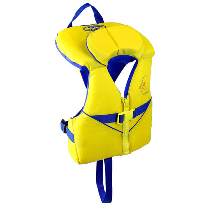 The Stohlquist Infant & Child PFDs is a yellow and blue US Coast Guard Approved life jacket with zipper, buckle, and adjustable straps for safe water activities.