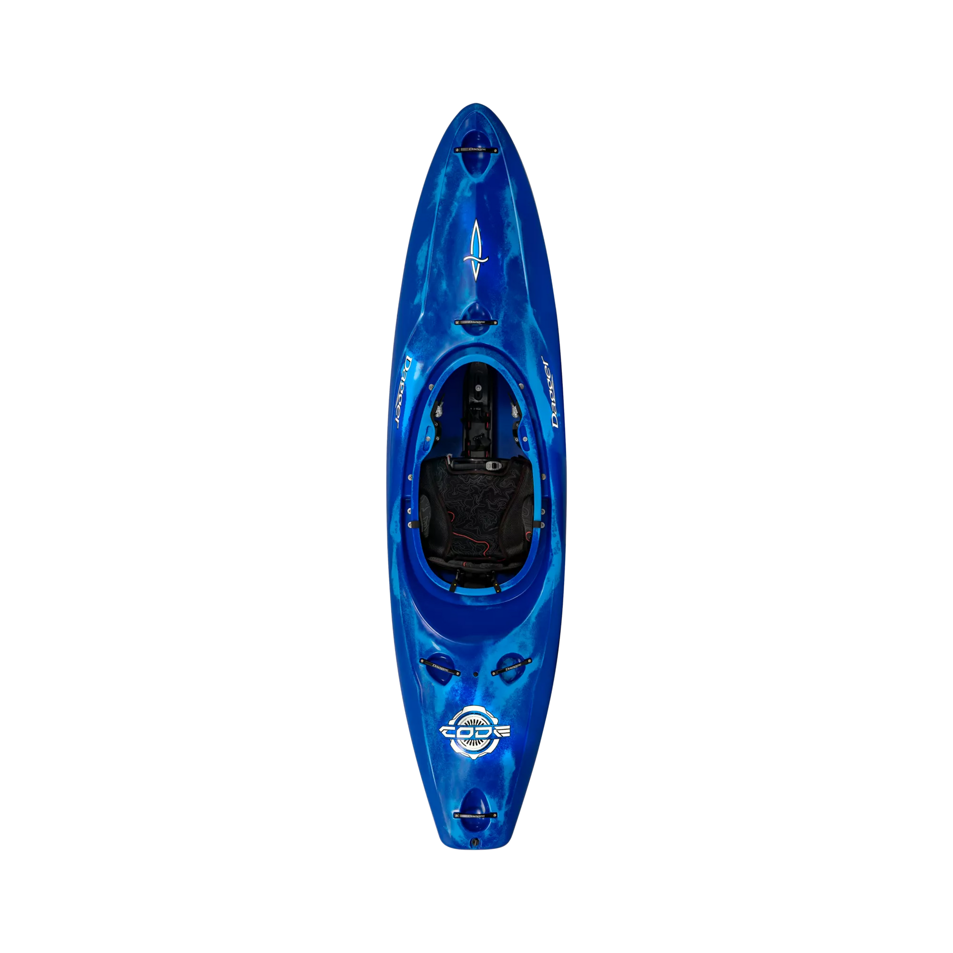 The Blue Smoke Dagger Code creek whitewater kayak with new thigh brace system.