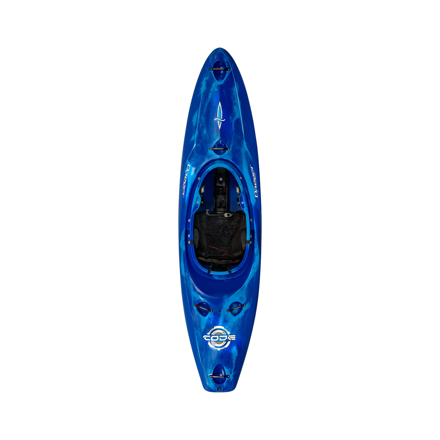 The Blue Smoke Dagger Code creek whitewater kayak with new thigh brace system.