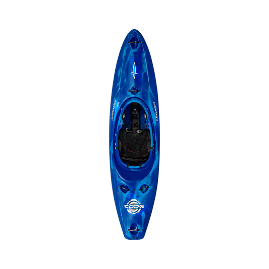 The Blue Smoke Dagger Code creek whitewater kayak with new thigh brace system.