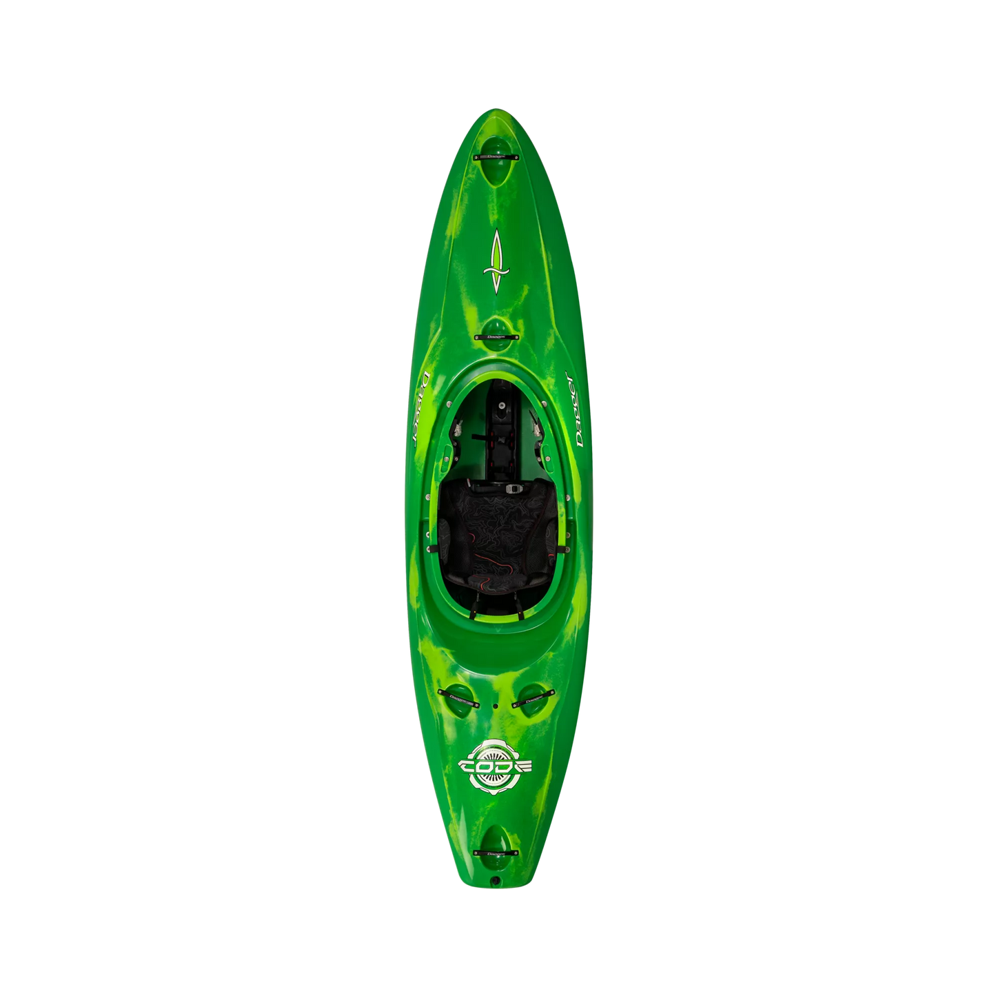 The Green Smoke Dagger Code creek whitewater kayak with new thigh brace system.