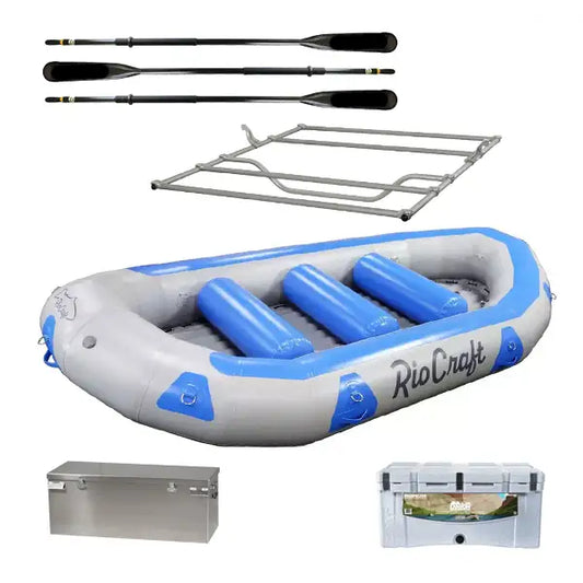 The Rio Craft Colorado 14' XW Expedition Package is a blue and gray inflatable raft that includes a sturdy metal frame, oars, a metal storage box, and a cooler.