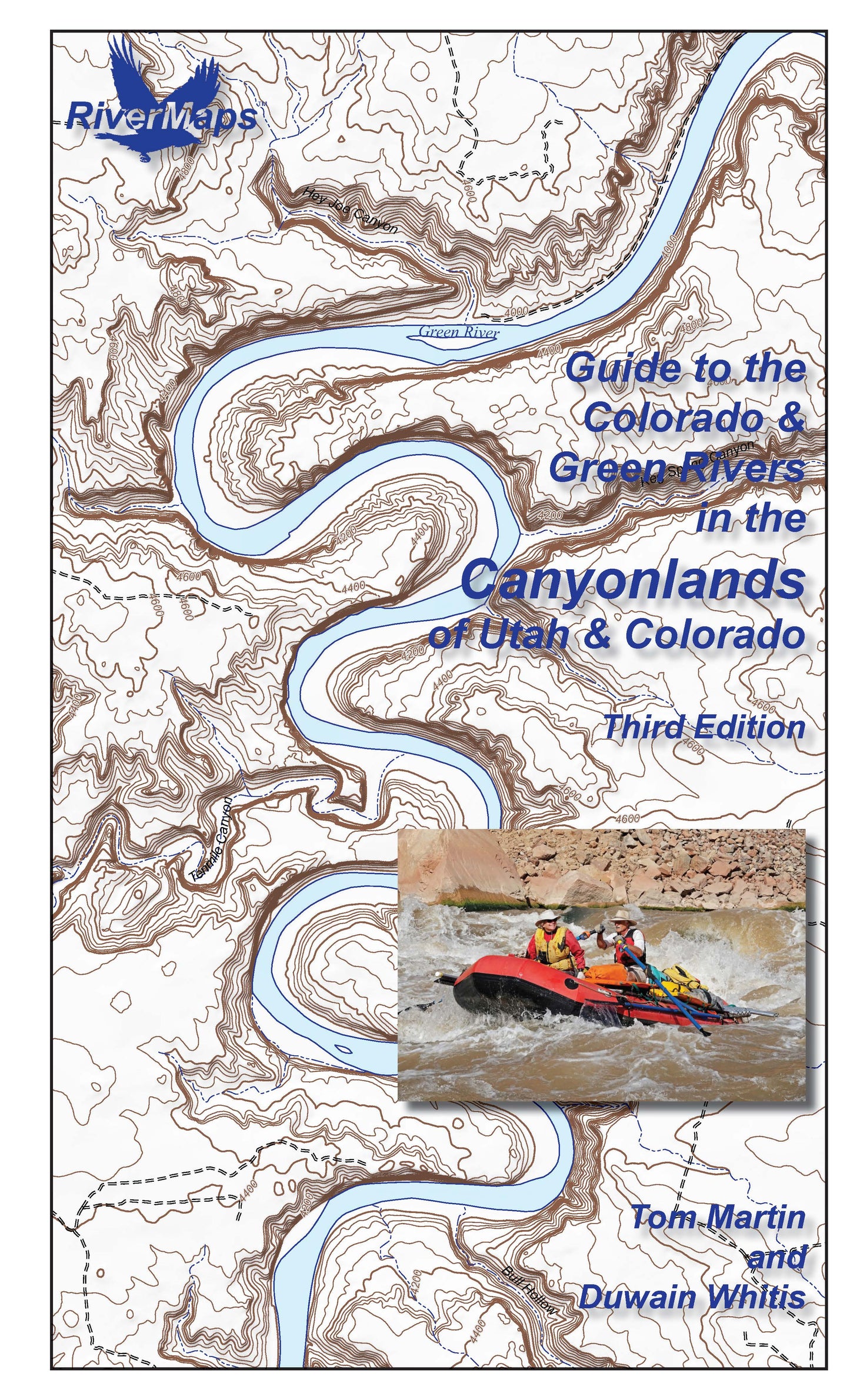 Rivermaps’ Guide to Canyonlands - Colorado & Green Rivers features a topographic map cover with a rafting photo and info on the Colorado and Green Rivers—perfect for adventurers exploring Canyonlands National Park.