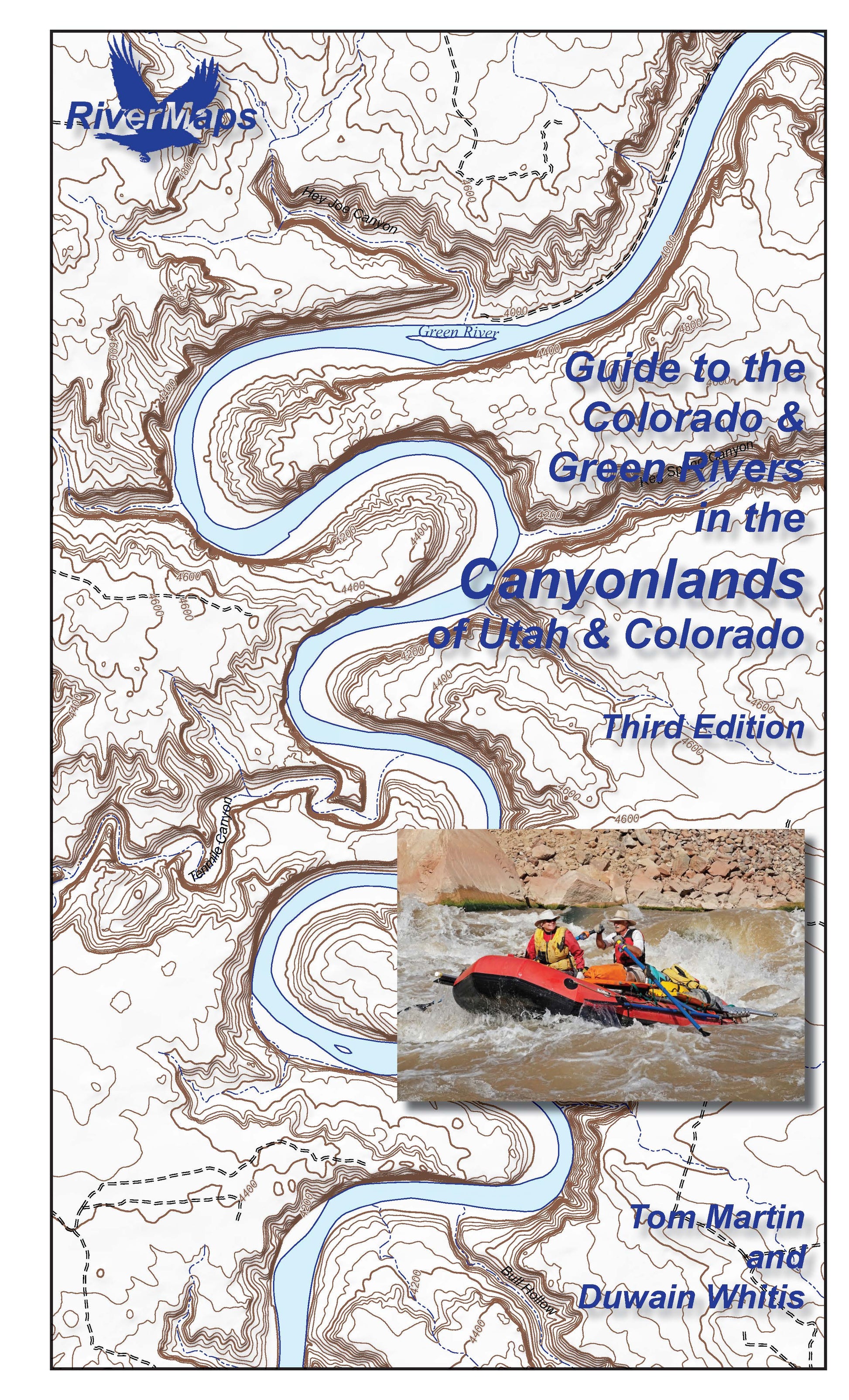 Rivermaps’ Guide to Canyonlands - Colorado & Green Rivers features a topographic map cover with a rafting photo and info on the Colorado and Green Rivers—perfect for adventurers exploring Canyonlands National Park.