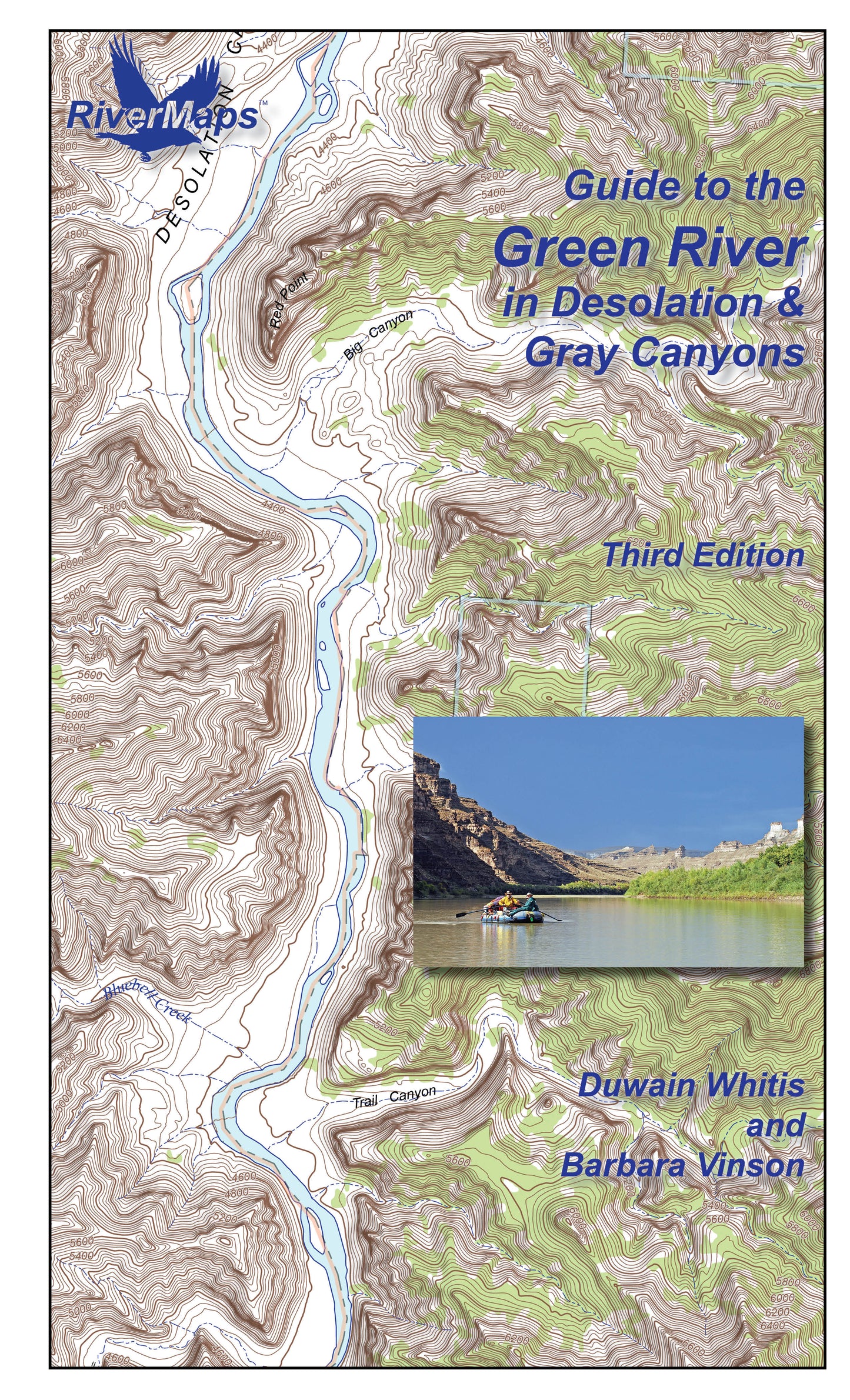 Cover of Rivermaps’ Desolation and Gray Canyons Guide, featuring a detailed map, river photo with rafts, and authors’ names—an essential river guidebook.
