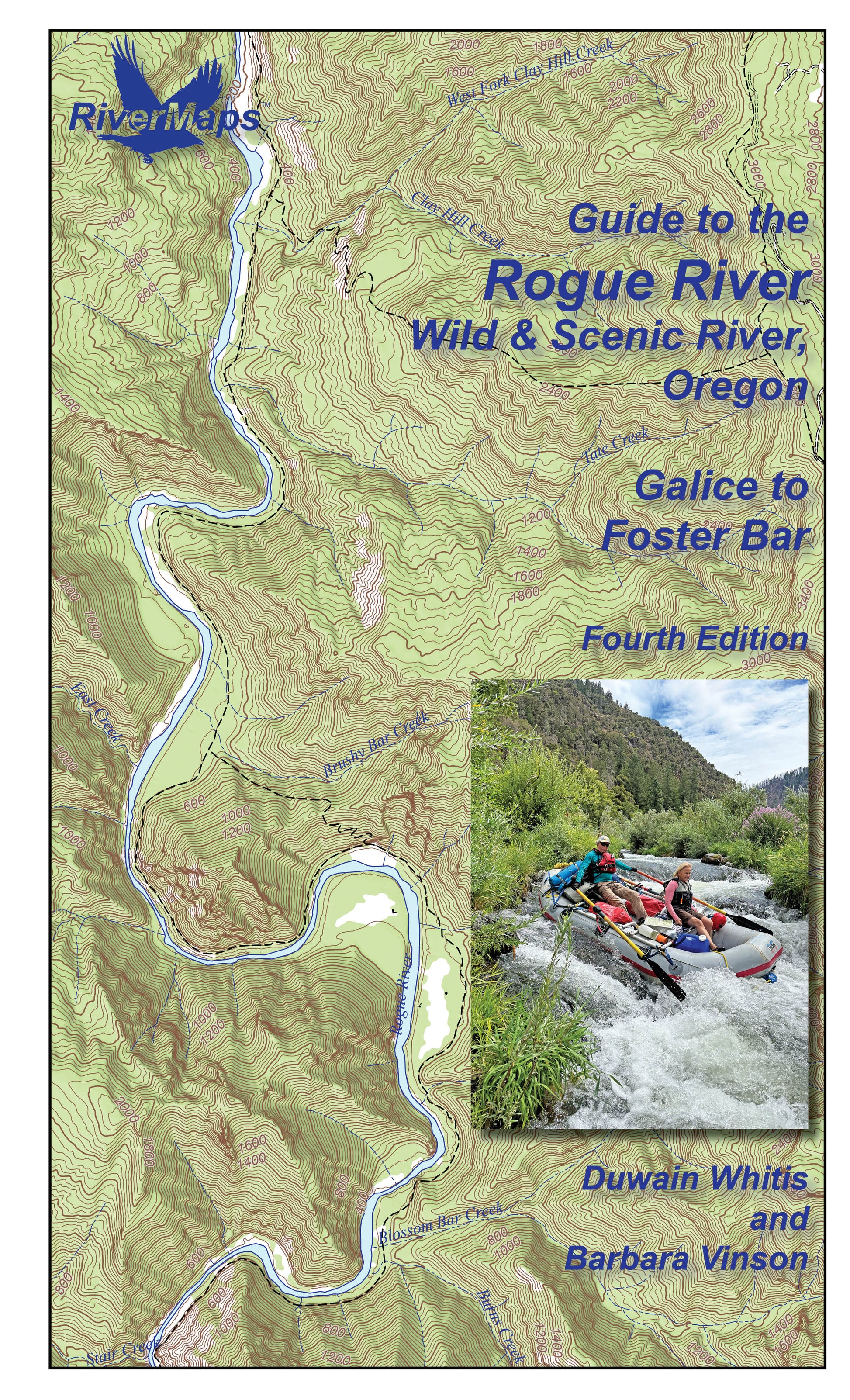The Rivermaps Rogue River Guide features an Oregon river map, topography of the Wild and Scenic Rogue, and a rafting photo. Title: "Rogue River Guide: Galice to Foster Bar, Fourth Edition.