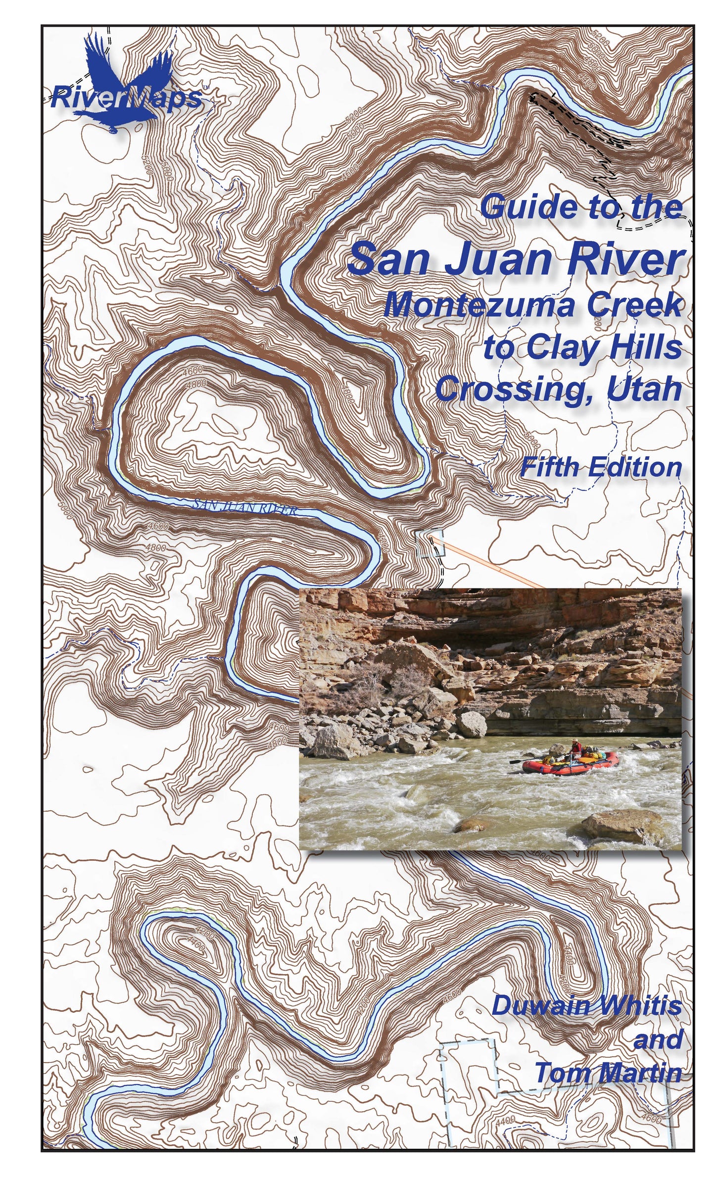 Rivermaps' "Guide to the San Juan River" cover features a San Juan River map background, a small rafting photo, and text with the Utah river guide's title, edition, and authors.