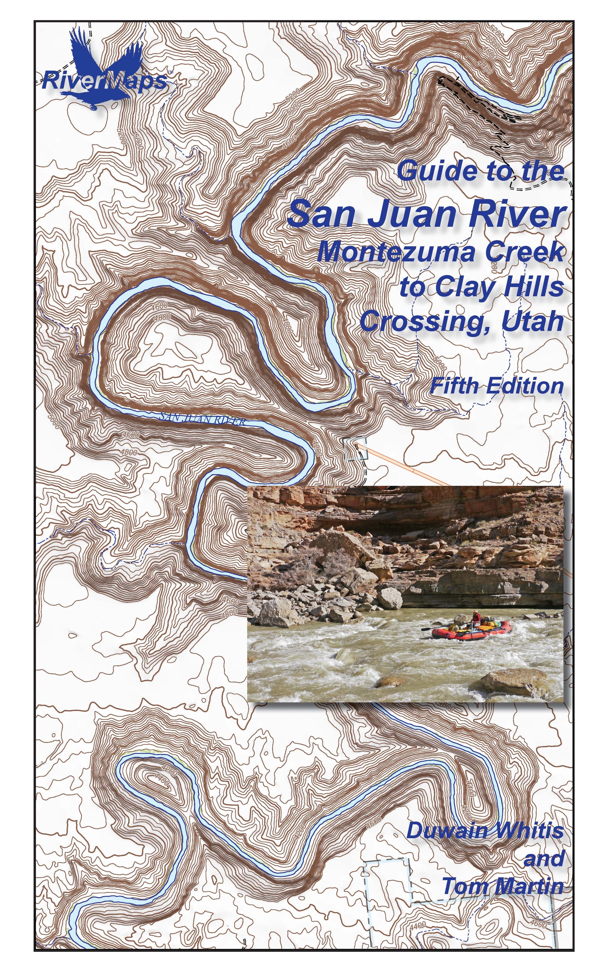 Rivermaps' "Guide to the San Juan River" cover features a San Juan River map background, a small rafting photo, and text with the Utah river guide's title, edition, and authors.