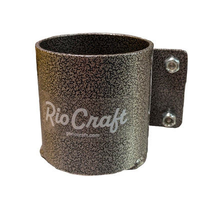 Textured metallic cup holder by Rio Craft, includes inscribed brand name and website, and comes with a bracket featuring two screws.