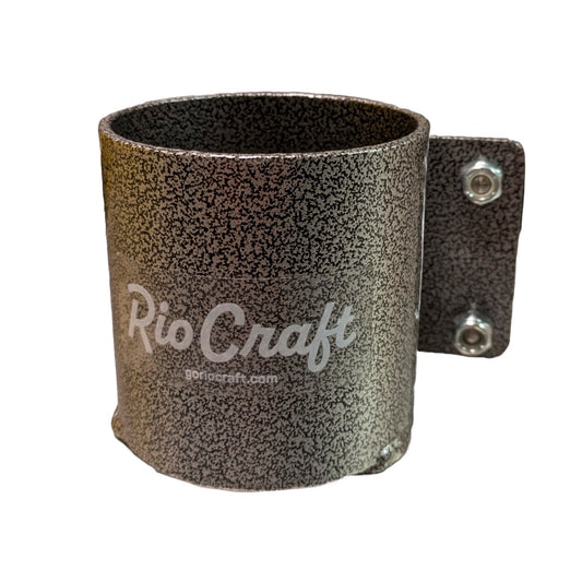 Textured metallic cup holder by Rio Craft, includes inscribed brand name and website, and comes with a bracket featuring two screws.