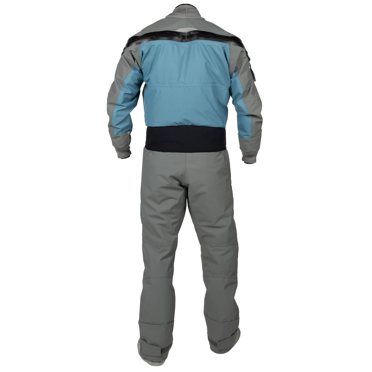 A person wearing a blue and gray Kokatat Icon (Hydrus 3.0) Drysuit is seen from the back, standing with arms slightly bent and feet apart against a plain white background.