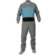 The Kokatat Icon (Hydrus 3.0) Drysuit, shown in gray and blue with attached socks, is designed for water sports and paddling and is displayed on a white background.