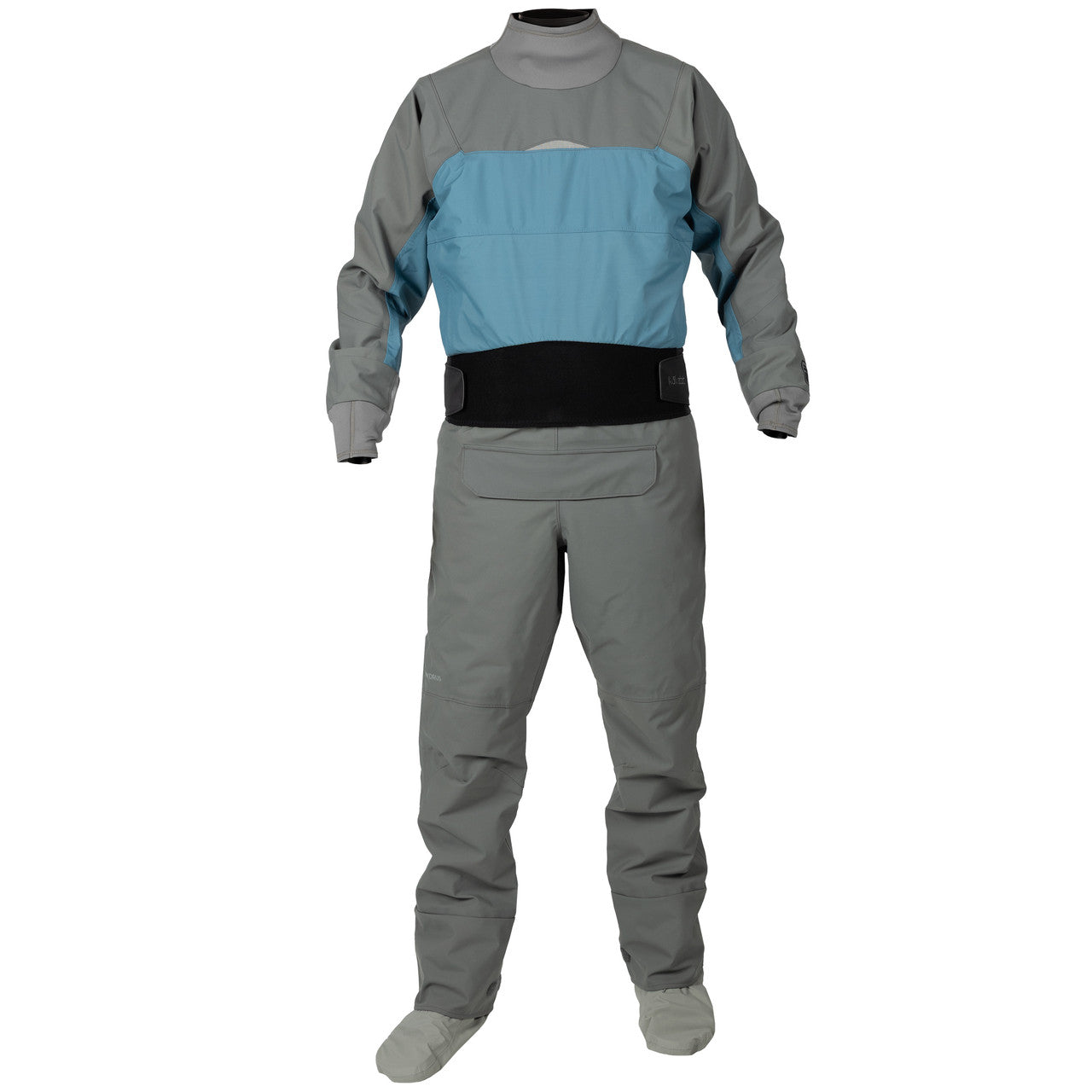 The Kokatat Icon (Hydrus 3.0) Drysuit, shown in gray and blue with attached socks, is designed for water sports and paddling and is displayed on a white background.