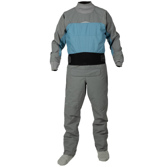The Kokatat Icon (Hydrus 3.0) Drysuit, shown in gray and blue with attached socks, is designed for water sports and paddling and is displayed on a white background.