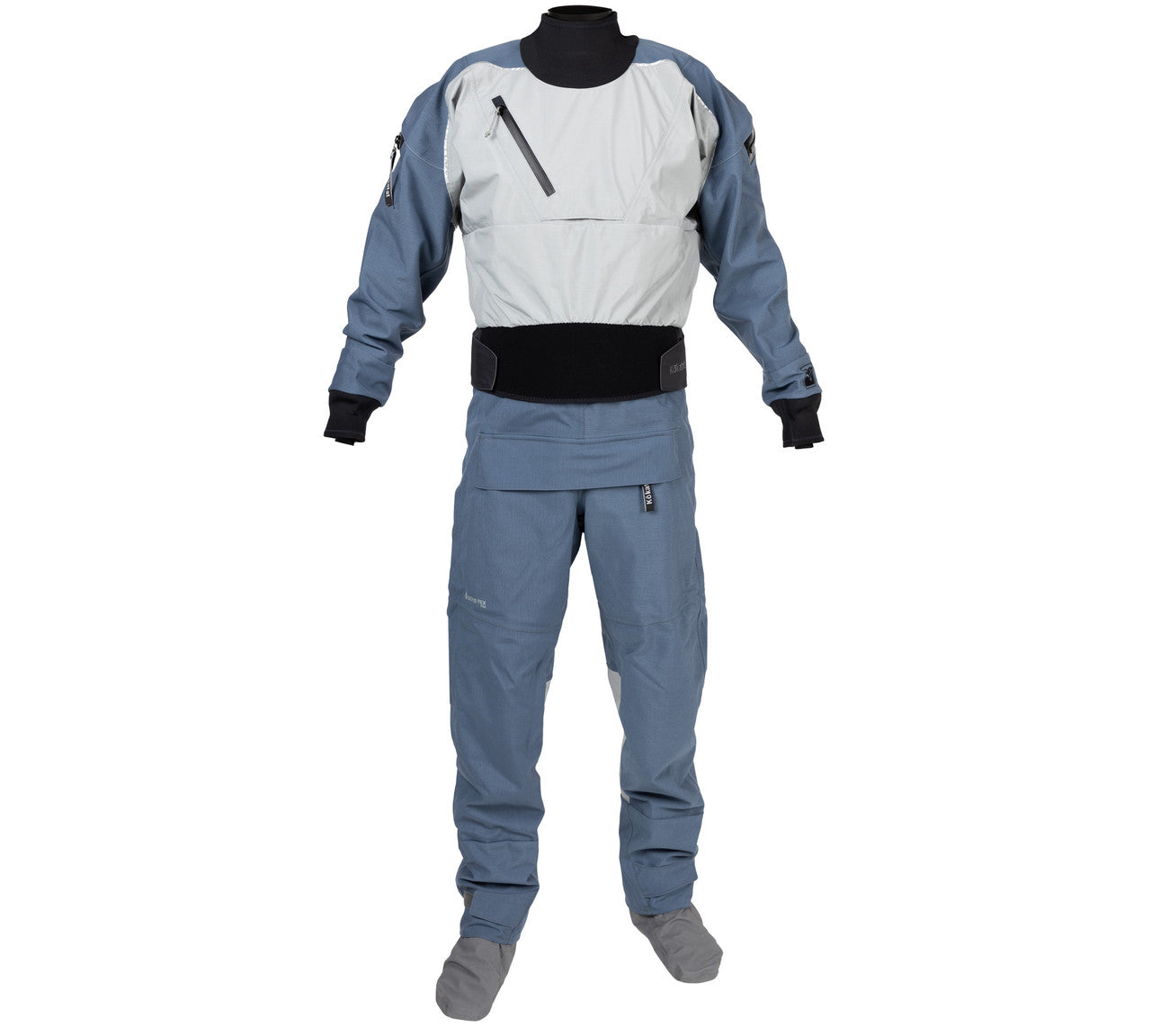 A man in a blue and white Kokatat Retro Icon (GORE-TEX) Drysuit is standing on a mannequin.