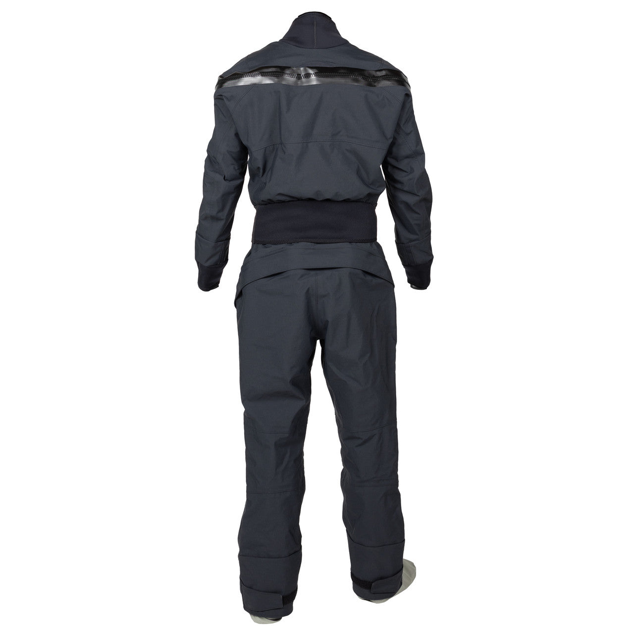 A woman wearing a dark blue Kokatat Icon (Hydrus 3.0) Drysuit and light-colored shoes stands with her back to the camera against a white background.