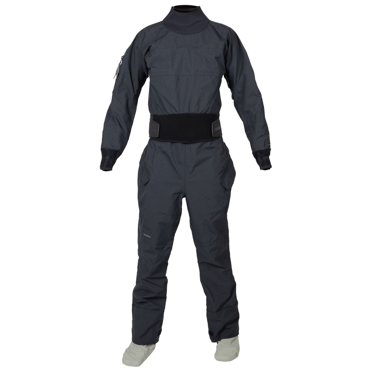 The Kokatat Icon (Hydrus 3.0) Drysuit - Women's is a black, long-sleeve drysuit with a high collar and attached booties, providing waterproof protection for paddling. Shown on a white background.