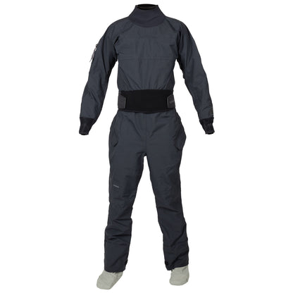 The Kokatat Icon (Hydrus 3.0) Drysuit - Women's is a black, long-sleeve drysuit with a high collar and attached booties, providing waterproof protection for paddling. Shown on a white background.