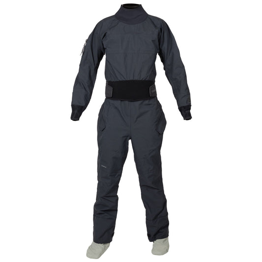 The Kokatat Icon (Hydrus 3.0) Drysuit - Women's is a black, long-sleeve drysuit with a high collar and attached booties, providing waterproof protection for paddling. Shown on a white background.