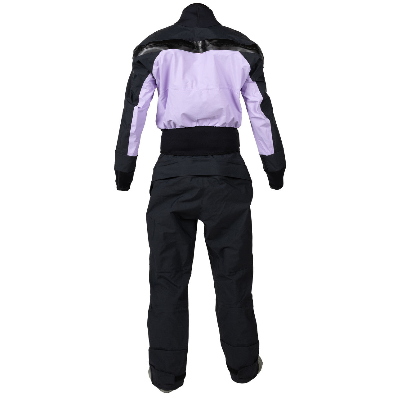 A person is seen from behind wearing a black and light purple Kokatat Icon (Hydrus 3.0) Drysuit - Women's, standing against a plain white background.