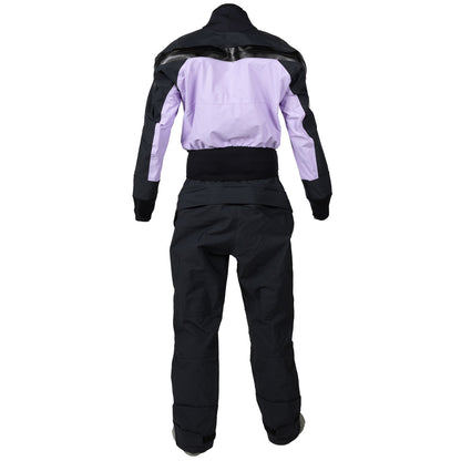 A person is seen from behind wearing a black and light purple Kokatat Icon (Hydrus 3.0) Drysuit - Women's, standing against a plain white background.