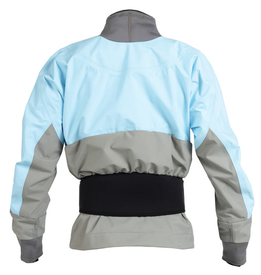 The back view of a Kokatat Stoke Dry Top (Hydrus 3.0) - Women's blue and grey jacket.