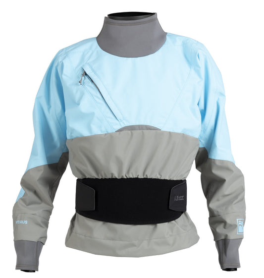 A Kokatat women's blue and grey Stoke Dry Top (Hydrus 3.0) with a zipper.