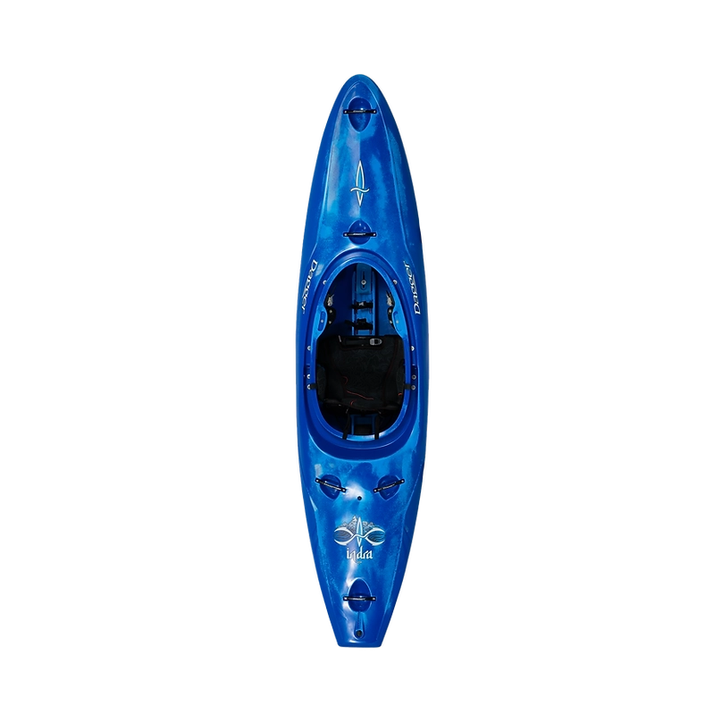Top view of the Dagger Indra Kayak with a single molded seat and foot rests inside, featuring an image and the word "Lydia" on the front deck. Equipped with the Contour Ergo Engage Thigh Brace System, it's perfect for any whitewater paddler seeking control and comfort.