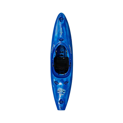 Top view of the Dagger Indra Kayak with a single molded seat and foot rests inside, featuring an image and the word "Lydia" on the front deck. Equipped with the Contour Ergo Engage Thigh Brace System, it's perfect for any whitewater paddler seeking control and comfort.