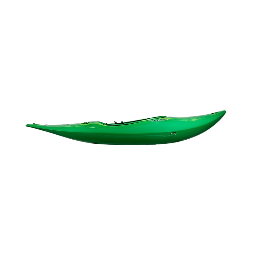 A Dagger Indra Kayak in green, seen from the side, showcasing a sleek and streamlined design perfect for the whitewater paddler.