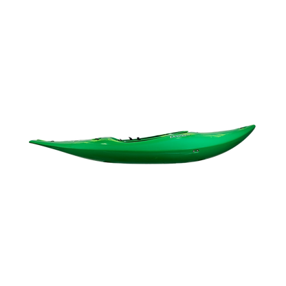 A Dagger Indra Kayak in green, seen from the side, showcasing a sleek and streamlined design perfect for the whitewater paddler.