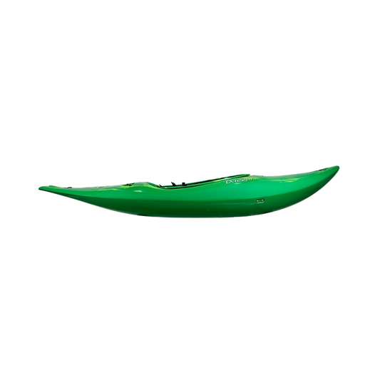 A Dagger Indra Kayak in green, seen from the side, showcasing a sleek and streamlined design perfect for the whitewater paddler.
