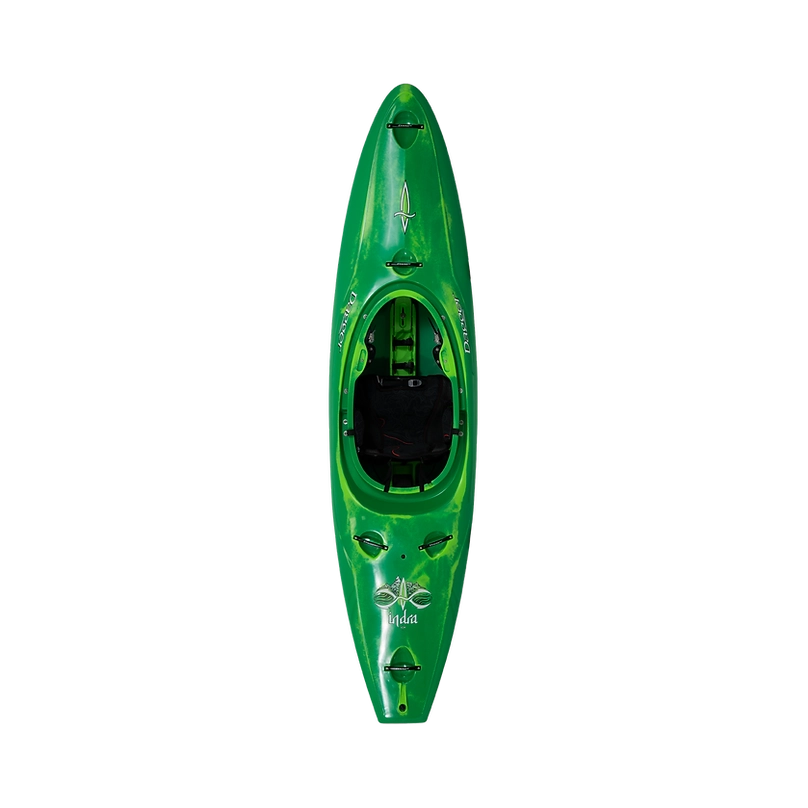 Top view of a green Dagger Indra kayak with a black seat and paddle, featuring a floral design, the word "Lotus" printed on it, and equipped with the Contour Ergo Engage Thigh Brace System.