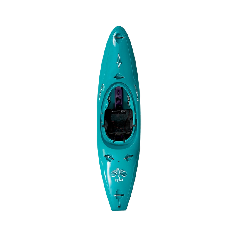 A Dagger Indra kayak viewed from above, featuring black seating and multiple attach points, on a white background with black horizontal stripes.