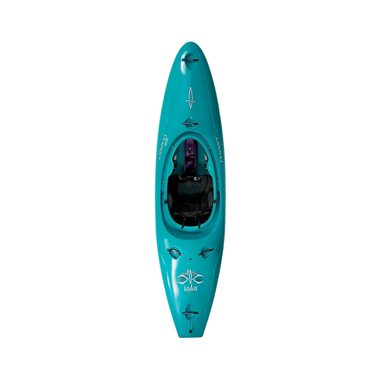 A Dagger Indra kayak viewed from above, featuring black seating and multiple attach points, on a white background with black horizontal stripes.