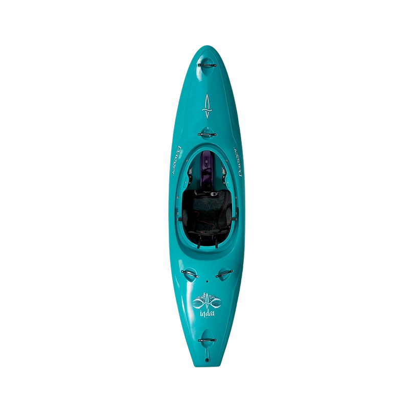 Top view of a teal Dagger Indra kayak equipped with a seat, footrests, and various attachments. The kayak features the Contour Ergo Engage Thigh Brace System and boasts a logo with a dragonfly near the bow, perfect for the dedicated whitewater paddler.