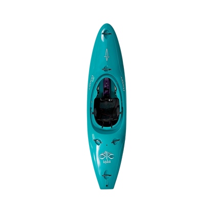 Top view of a teal Dagger Indra kayak equipped with a seat, footrests, and various attachments. The kayak features the Contour Ergo Engage Thigh Brace System and boasts a logo with a dragonfly near the bow, perfect for the dedicated whitewater paddler.