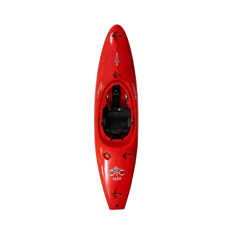Top view of a red kayak with a black seat and Contour Ergo Engage Thigh Brace System, showcasing the brand logo "Dagger" and model name "Indra," perfect for any whitewater paddler.