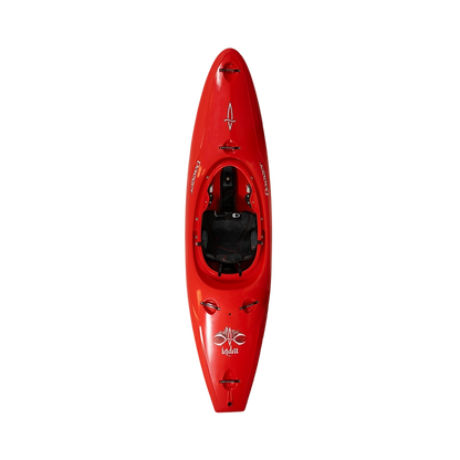 Top view of a red kayak with a black seat and Contour Ergo Engage Thigh Brace System, showcasing the brand logo "Dagger" and model name "Indra," perfect for any whitewater paddler.