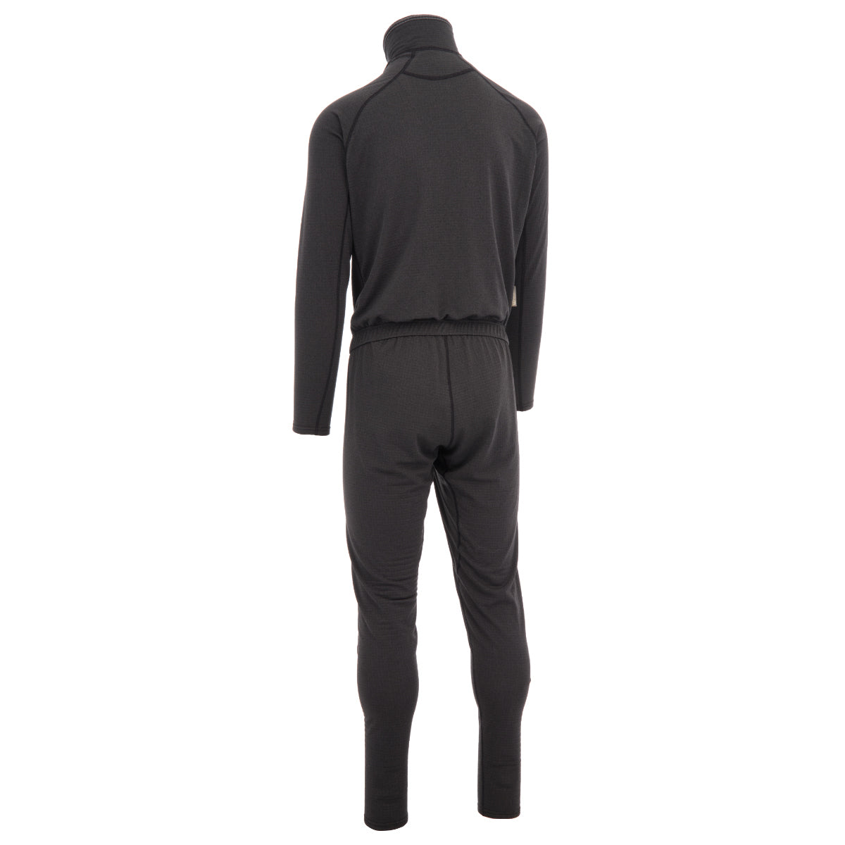 The Immersion Research Debrief Union Suit is a black, long-sleeved, full-length one-piece shown from the back, with a high collar and elastic waistband—crafted from Polartec Power Grid fleece for warmth.