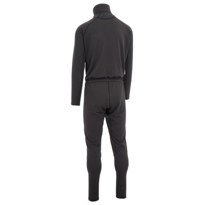 The Immersion Research Debrief Union Suit is a black, long-sleeved, full-length one-piece shown from the back, with a high collar and elastic waistband—crafted from Polartec Power Grid fleece for warmth.