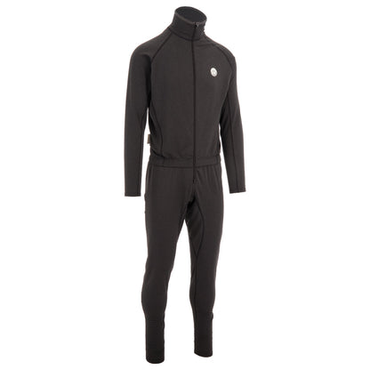 The Immersion Research Debrief Union Suit is a black full-body thermal suit with Polartec Power Grid fleece, long sleeves, zip front, high collar, and fitted ankles, shown on a plain white background.