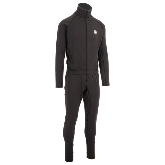The Immersion Research Debrief Union Suit is a black full-body thermal suit with Polartec Power Grid fleece, long sleeves, zip front, high collar, and fitted ankles, shown on a plain white background.