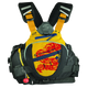 The Stohlquist Descent Rescue PFD is a vibrant Type V life jacket with black shoulder straps, a yellow front with red swirl patterns, multiple pockets, and clips, showcasing water safety quality design.