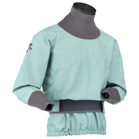 The Immersion Research Devils Club Drytop is a light blue waterproof drysuit top with grey seals on the neck, wrists, and waist, designed for kayaking or other water activities. This paddler gear features a waterproof breathable shell for optimal performance.