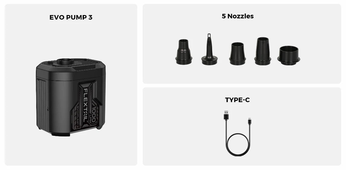 Flextail EVO Pump 3 is a lightweight air pump with five nozzles and a USB Type-C charging cable, ideal for inflating mattresses. All items are shown on a plain background.