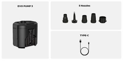 Flextail EVO Pump 3 is a lightweight air pump with five nozzles and a USB Type-C charging cable, ideal for inflating mattresses. All items are shown on a plain background.